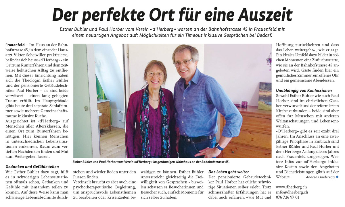 Zeitungsartikel «Der pefekte Ort für eine Auszeit»